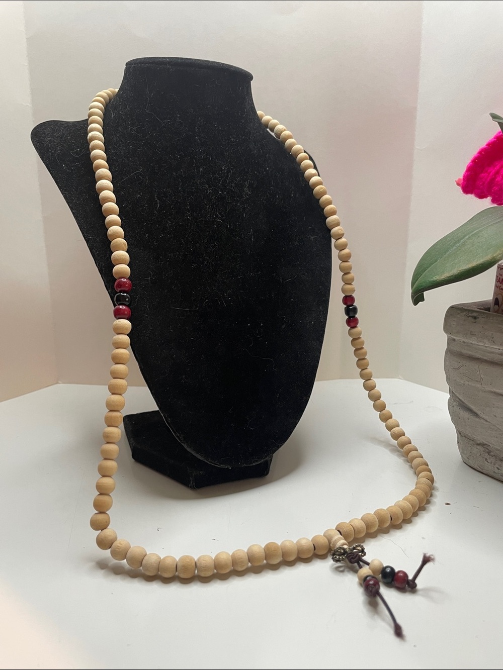 Natural Wood Bead Long Necklace with Red Accent